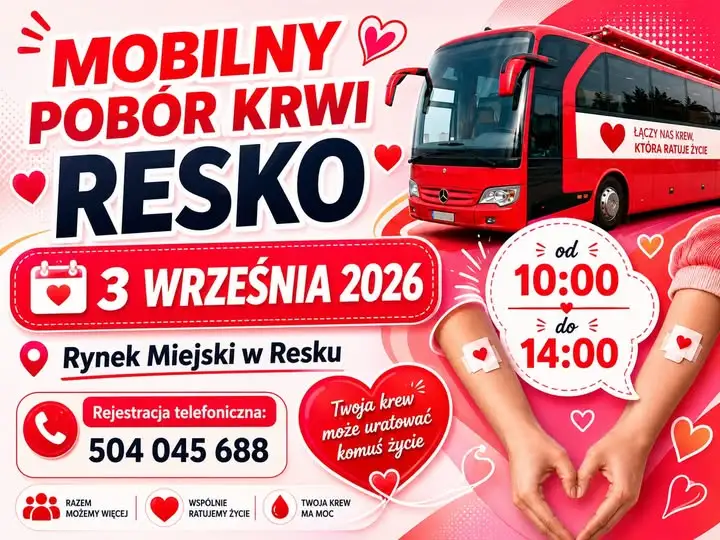Mobilny punkt poboru krwi w Resku – 3 września na Rynku Miejskim