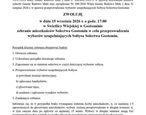 Wybory uzupełniające sołtysa w Gostominie – zebranie mieszkańców 15 września