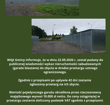 Gmina Radowo Małe sprzeda garaże blaszane. Cena wywoławcza 10 tys. zł netto