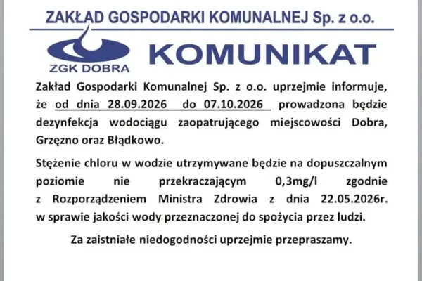 Dezynfekcja wodociągu w Dobrej, Grzęźnie i Błądkowie – sprawdź, czy woda jest bezpieczna