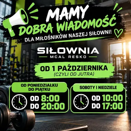 Siłownia MCAL Resko wydłuża godziny otwarcia od 1 października