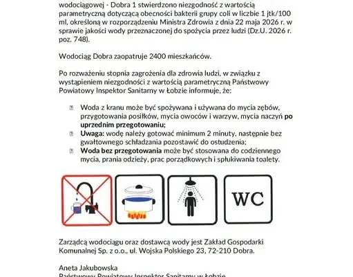 Bakterie grupy coli w wodociągu Dobra — sanepid wydał komunikat