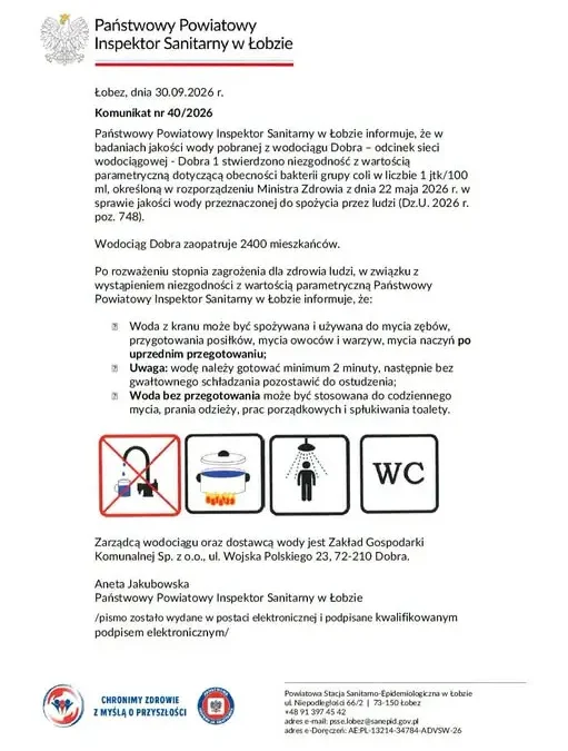 Bakterie grupy coli w wodociągu Dobra — sanepid wydał komunikat