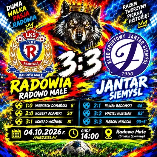 Radowia Radowo Małe zremisowała 3:3 z Jantarem Siemyśl po golu w 95. minucie